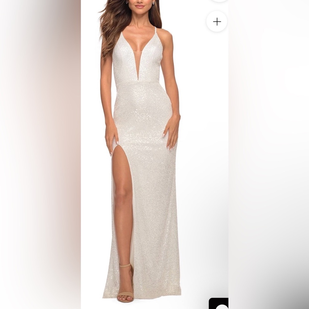 La Femme Ivory Sequin Backless Gown with Thigh Slit